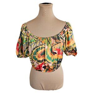 Cupcakes and Cashmere Parrot Cropped Tropical Puff Sleeve Top Sz M